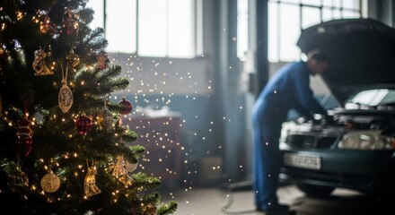 Obraz premium A mechanic works on a car in a garage decorated for Christmas. A Christmas tree with ornaments stands nearby, creating a festive atmosphere.