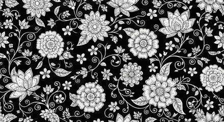 Elegant floral pattern with intricate details and delicate blooms in monochrome style.