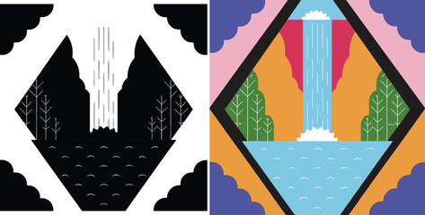 Vibrant abstract landscape with a majestic waterfall cascading into a tranquil lake and lush green trees, evoking nature's serenity and beauty.