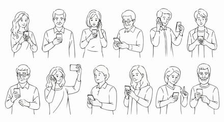 Diverse group of people using smartphones in a line drawing style.