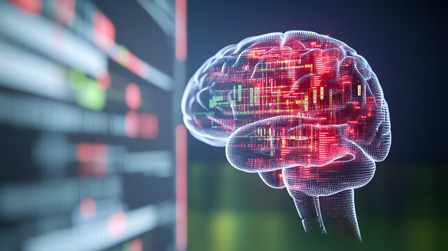 A futuristic digital brain hologram showcasing data processing and neural connections, symbolizing artificial intelligence.
