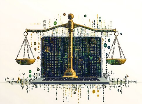 Golden Scales of Justice balanced over laptop displaying digital code binary code technology