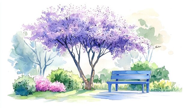 76.A hand-drawn watercolor sketch of a peaceful park scene with a blue bench placed under a blooming jacaranda tree. The tree is covered with vibrant violet flowers, and pink flowering bushes