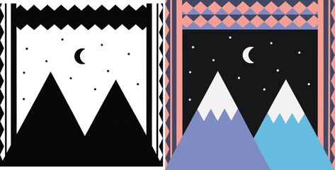 Stunning geometric mountain landscape under a crescent moon and starry night sky, framed by vibrant tribal patterns, perfect for modern decor and branding.