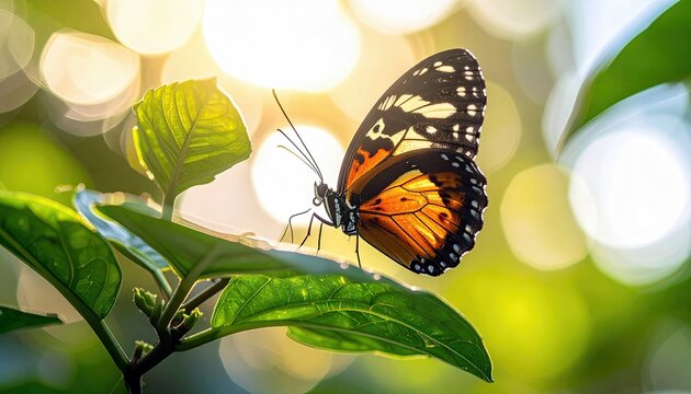 A butterfly with intricate orange, black, and white wing patterns rests on a vibrant green leaf, illuminated by warm sunlight filtering through foliage.