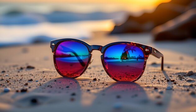 A pair of sunglasses with reflective blue lenses rests on a sandy beach, framed by the silhouette of rocks in the foreground at sunset.