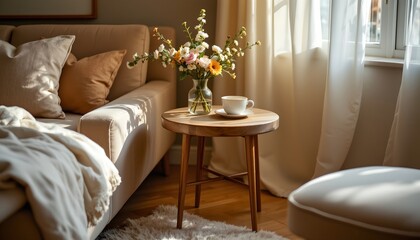 Fototapeta premium A serene living room setting, with sunlight streaming through large windows onto a neatly arranged sofa