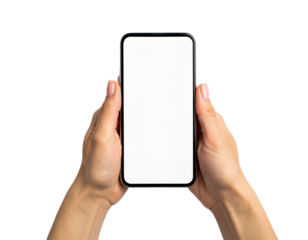 Hands holding phone mockup blank screen mobile device template on transparent background