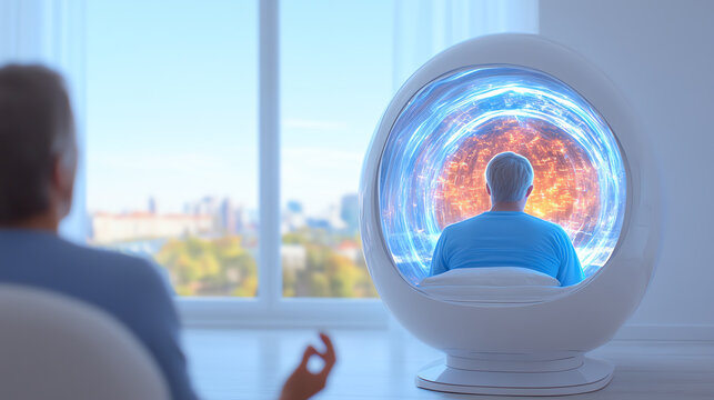 A futuristic scene depicting a person meditating in a unique pod, experiencing a vivid mental journey through vibrant visuals.