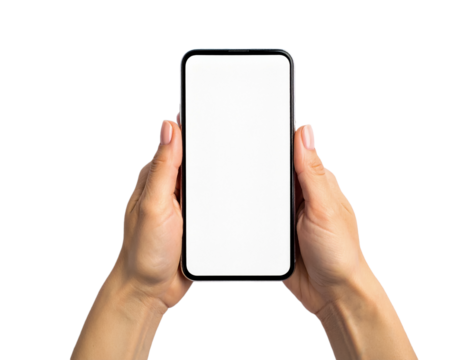 Hands holding phone mockup blank screen mobile device template on transparent background