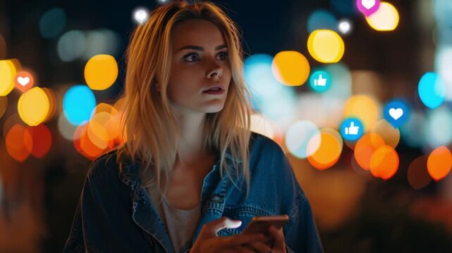 Woman phone social media likes comments shares online digital network connection communication engagement trends