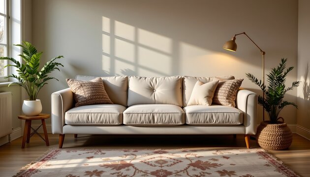An interior space that appears to be a living room during daylight hours. The room has a neutral color scheme with white walls and furniture
