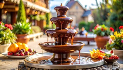 Chocolate fountain with various fruits, showcasing a delightful arrangement. A close-up view presents the cascading chocolate and accompanying fresh fruits, offering a tempting treat