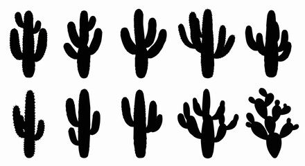 Silhouette collection of various cactus plants in black color on white background.