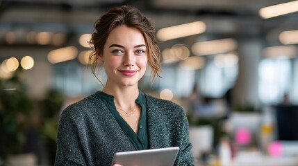 Professional Portrait: A confident and poised professional woman, dressed in smart casual attire, holds a tablet, embodying competence and approachability. She smiles warmly at the camera.