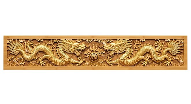 Ornate wooden panel featuring a pair of intricately carved golden Chinese dragons