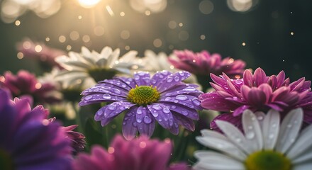 Close up of vibrant flowers with water droplets in soft sunlight background