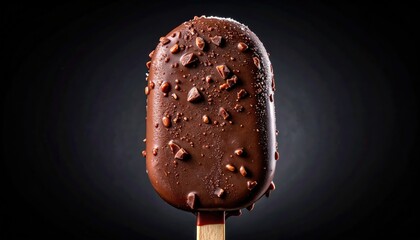 A close-up shot of a delicious ice cream covered in chocolate and nuts, sitting on a wooden stick