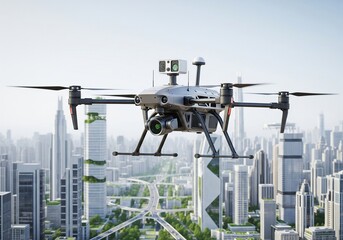 Drone Surveillance in Urban Landscape Aerial Perspective of Modern City and Technology