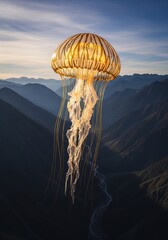 A surreal vision of a giant glowing golden jellyfish floating mysteriously above a dramatic mountain valley landscape