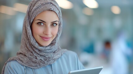 Elegant Woman with Tablet: A captivating woman, adorned in a sophisticated hijab, beams with a serene smile as she works with her tablet, against the backdrop of an airy, modern interior.