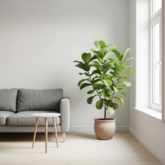 Serene modern living room interior design showcasing a comfortable grey sofa, a minimalist wooden table, and a vibrant fiddle-leaf fig plant bathed in natural light