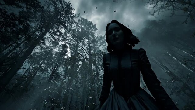 Darkness witch forest trees gothic fantasy mystery horror spooky night black scary halloween evil woman cloak