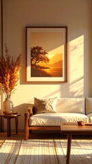 Sun-Drenched Living Room - A Serene Interior with Warm Light and Natural Elements.