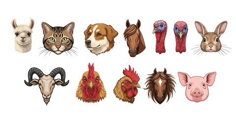Obraz premium Animal head illustrations including llamas, cats, dogs, and more 