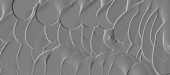 Monochrome abstract pattern with overlapping, leaf-like shapes. These shapes feature fine, intricate line textures