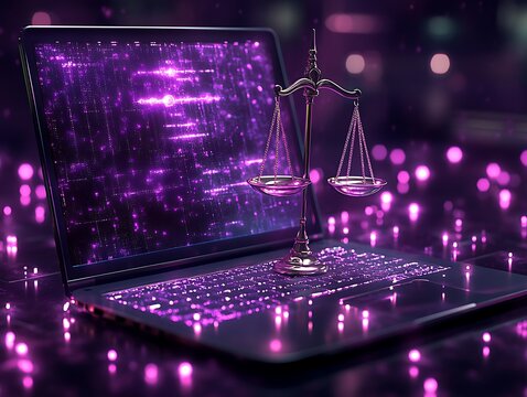 Laptop screen displays digital data with justice scales on keyboard computer technology