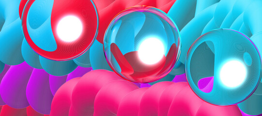 Colorful abstract background featuring translucent spheres over a textured, wavy surface