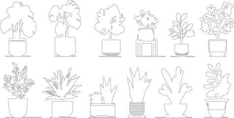 vector set of various small plants of tree silhouette or line art or sketch art vector illustration.