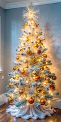 Beautifully decorated white christmas tree with warm golden lights and colorful ornaments creating a festive holiday atmosphere indoors