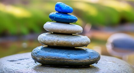 Stacked Zen Cairn Stones with Water Droplets in Nature Background