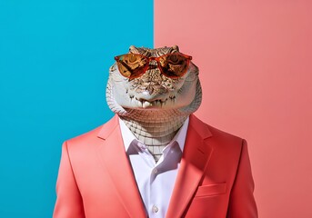 Stylish Crocodile in Pink Suit and Sunglasses on Vibrant Background