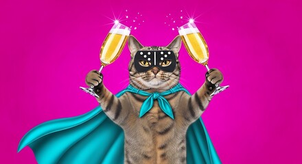 Superhero Cat in Domino Mask and Cape Toasting with Champagne Glasses