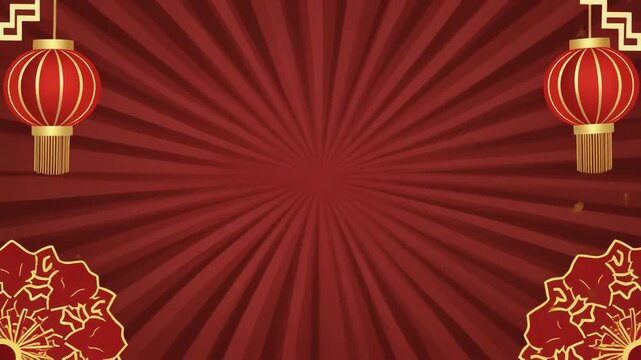 Animated Chinese New Year background with traditional red lanterns and golden decoration outlines over a radial red sunburst pattern. Perfect for festival films.