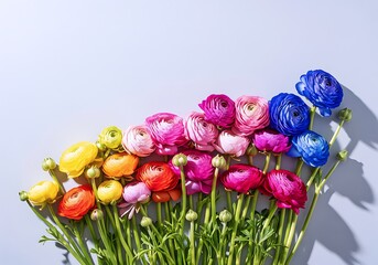 Vibrant Ranunculus Flowers Bouquet Rainbow Gradient with Copy Space