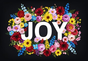 Word JOY Surrounded by Vibrant Colorful Floral Wreath on Black Background