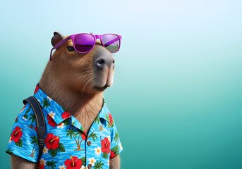 Capybara Tourist Wearing Hawaiian Shirt and Purple Sunglasses on Summer Vacation