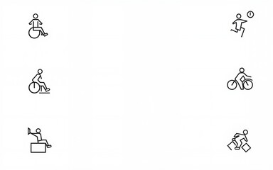 Adaptive Sports Icons. Line style icons of adaptive sports: wheelchair basketball, goalball player, inclusive gym, adapted bike. High quality