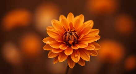 Close up of vibrant orange dahlia flower against blurred brown background