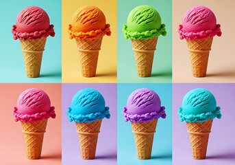 Eight Colorful Ice Cream Scoops in Waffle Cones on Vibrant Backgrounds