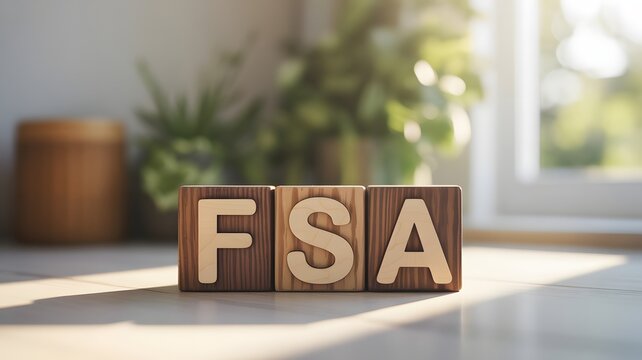 Wooden blocks with letters FSA on bright office desk, symbolizing flexible spending account, healthcare savings, financial planning, and money management