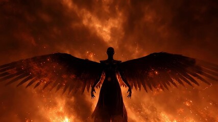 Angel wings fire dark fantasy demon hell inferno silhouette horror gothic mythical creature flame 100char - Powered by Adobe