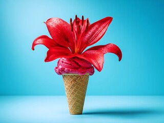 Red Lily Flower Blooming from Scoop of Ice Cream in Waffle Cone