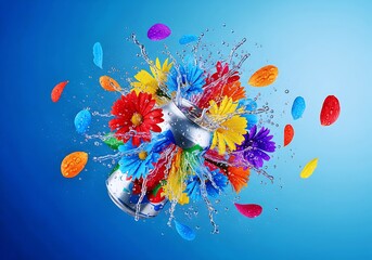 Refreshing Soda Can Bursting with Colorful Flowers and Water Splash