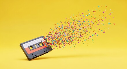 Retro Audio Cassette Tape Exploding into Colorful Confetti on Yellow