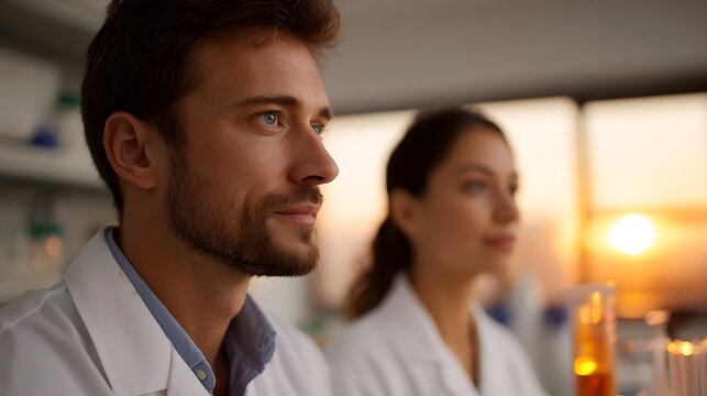 Two scientists in lab coats look towards a bright sunset in a modern laboratory setting - Powered by Adobe